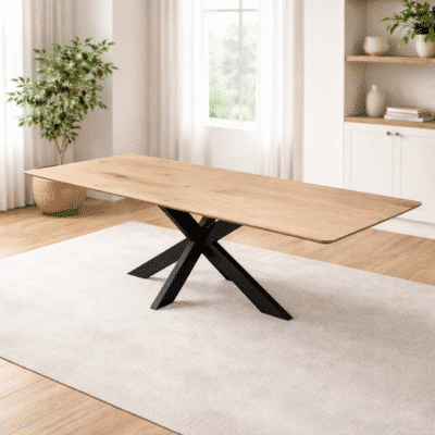 Eettafel massief eiken – spinpoot – rechthoekig afgeronde hoeken – verjongde rand