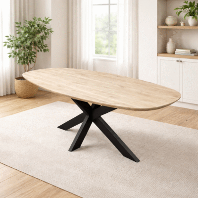 Eettafel massief eiken – spinpoot – deens ovaal – verjongde rand