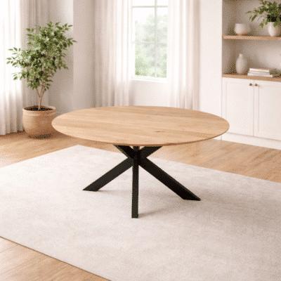 Eettafel massief eiken – spinpoot – rond – verjongde rand