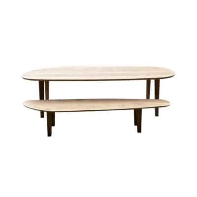 Eettafel massief eiken – vier schuinen poten – set, kiezel met bank – verjongde rand