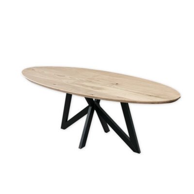 Eettafel massief eiken – vlinder onderstel – ovaal – verjongde rand