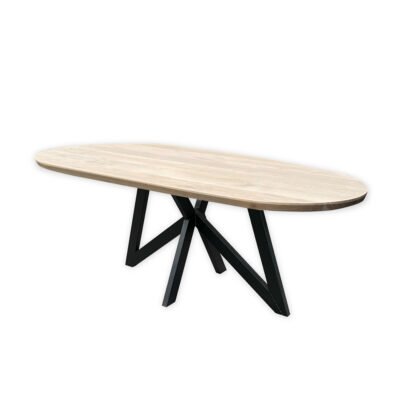 Eettafel massief eiken – vlinder onderstel – kiezel small – verjongde rand