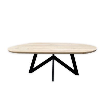 Eettafel massief eiken – vlinder onderstel – kiezel small – verjongde rand